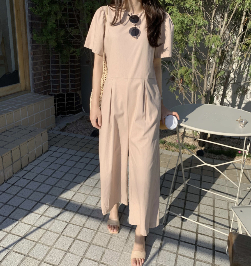 로웰 핀턱 라운드넥 루즈핏 여성 여름 간절기 린넨 치마바지 원피스 와이드핏 주름 반팔 퍼프 소매 점프수트(베이지핑크,블랙) 이미지 2