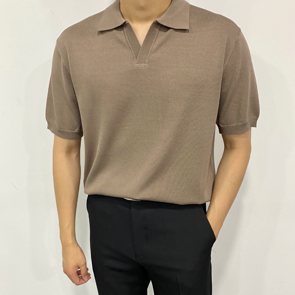 여름 남자 오픈 카라 반팔 니트 카라티 - 메인 이미지