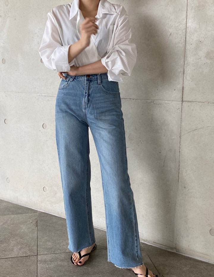 오버무드 데일리 키작녀 와이드 컷팅 중청 데님 팬츠 - 상세 이미지 2