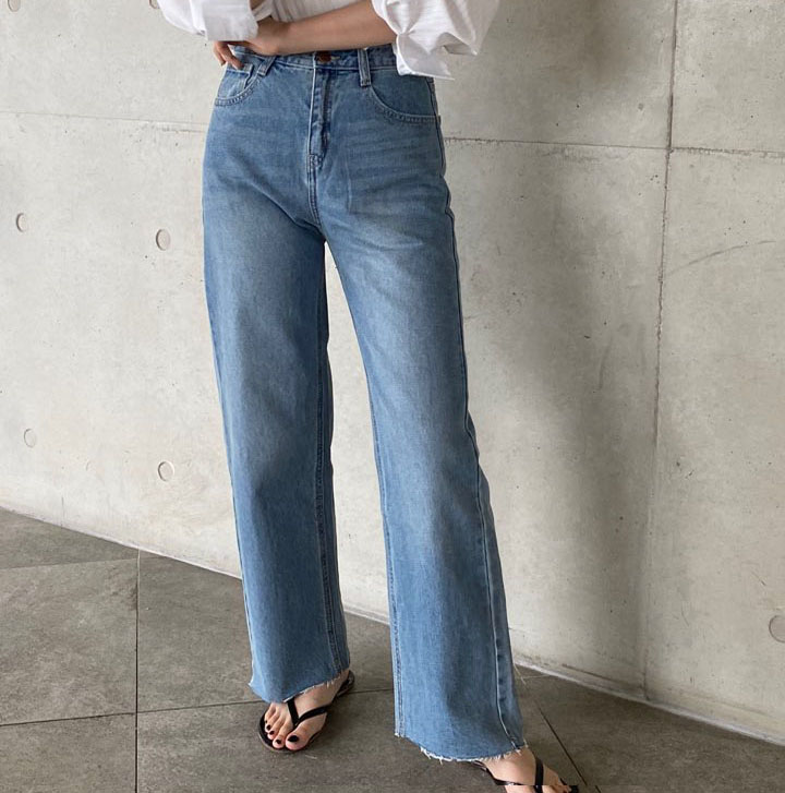 오버무드 데일리 키작녀 와이드 컷팅 중청 데님 팬츠 - 상품 이미지