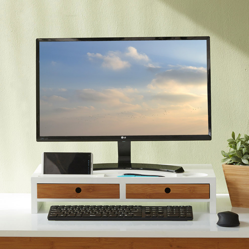 대나무 원목 모니터받침대 선반 서랍형