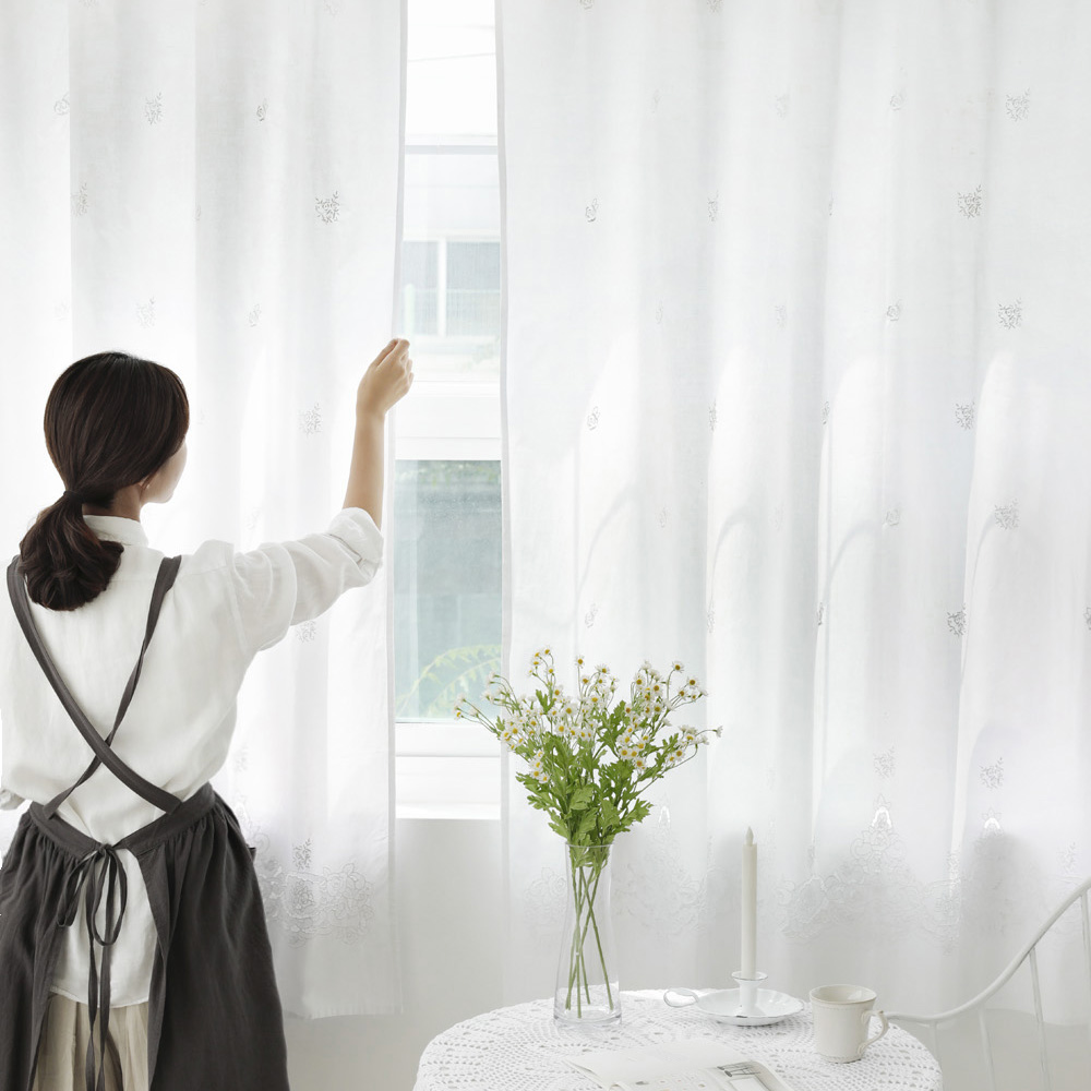 프렌치 자수 화이트 패널 면 작은창 문 가리개 커튼 바란스