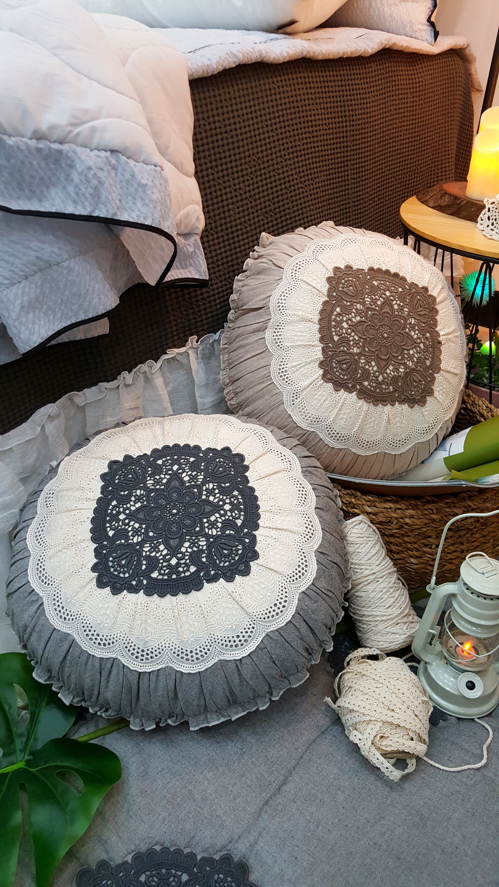 순면 프릴 쇼파 쿠션 커버 겸 방석 직사각 원형쿠션