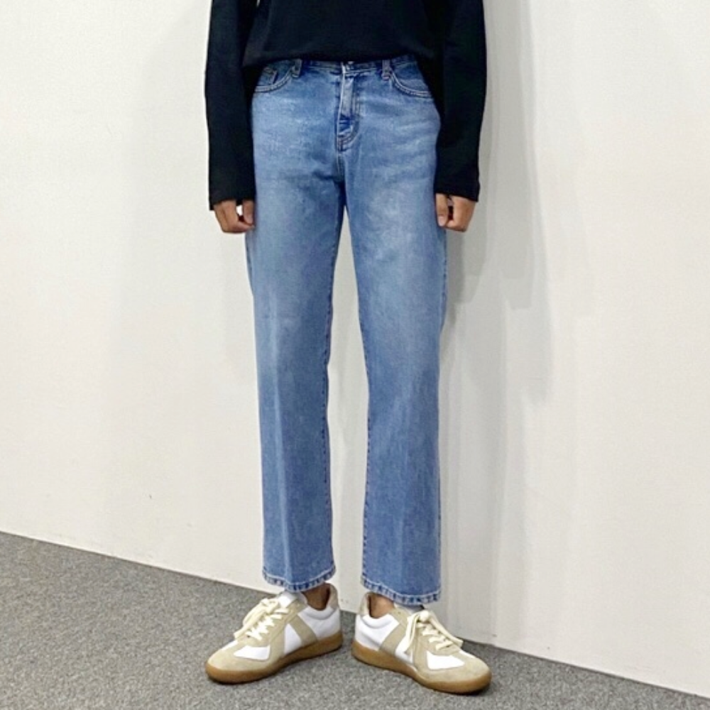 남자 연청바지 레귤러핏 일자 세미와이드 청바지 - 상품 이미지
