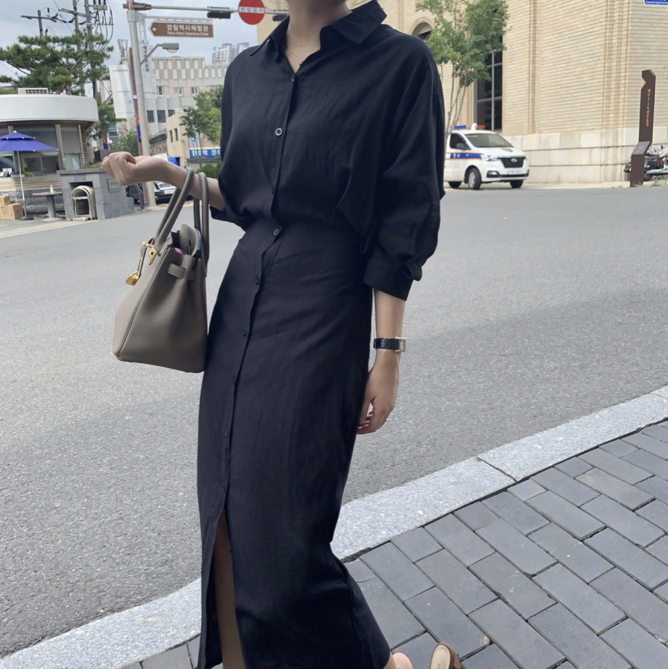 린넨 노블 허리끈 벨트 핀턱 볼륨 라인 드레이프 하객 루즈핏 로브 셔츠 맥시 롱 원피스(3color)여름 가을 간절기 페미닌