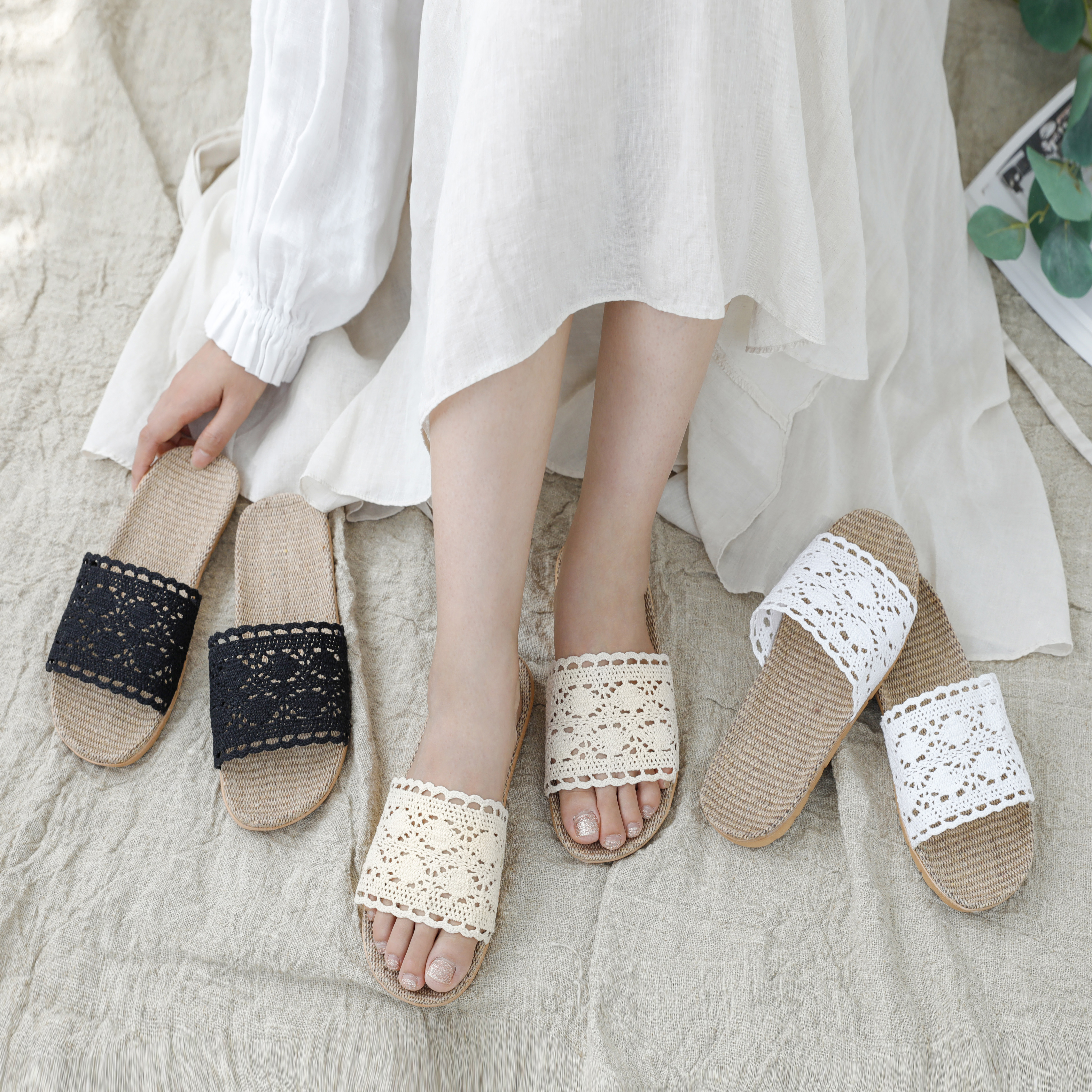 제나 레이스 네츄럴 푹신한 린넨 면 거실 층간소음 퀼트 실내 슬리퍼 룸슈즈 거실화 3컬러