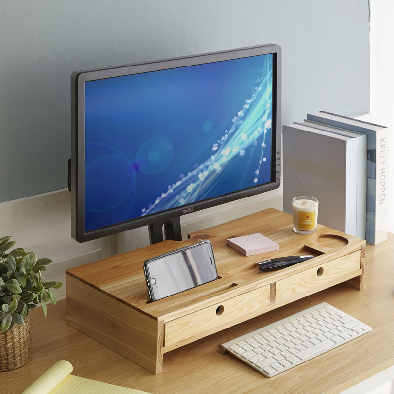 대나무 원목 모니터받침대 선반 서랍형