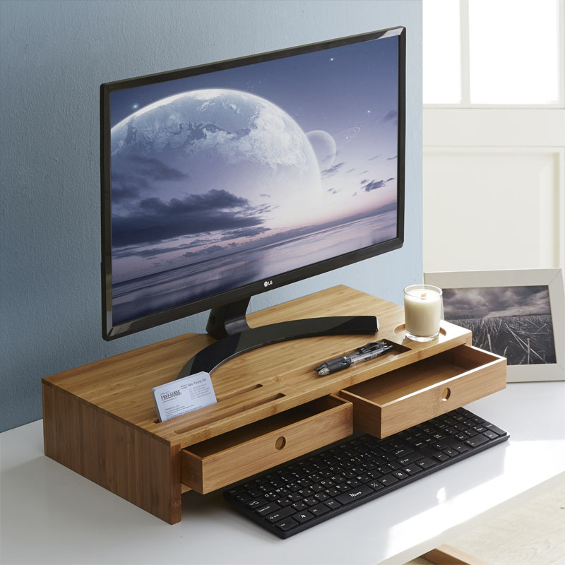 대나무 원목 모니터받침대 선반 서랍형