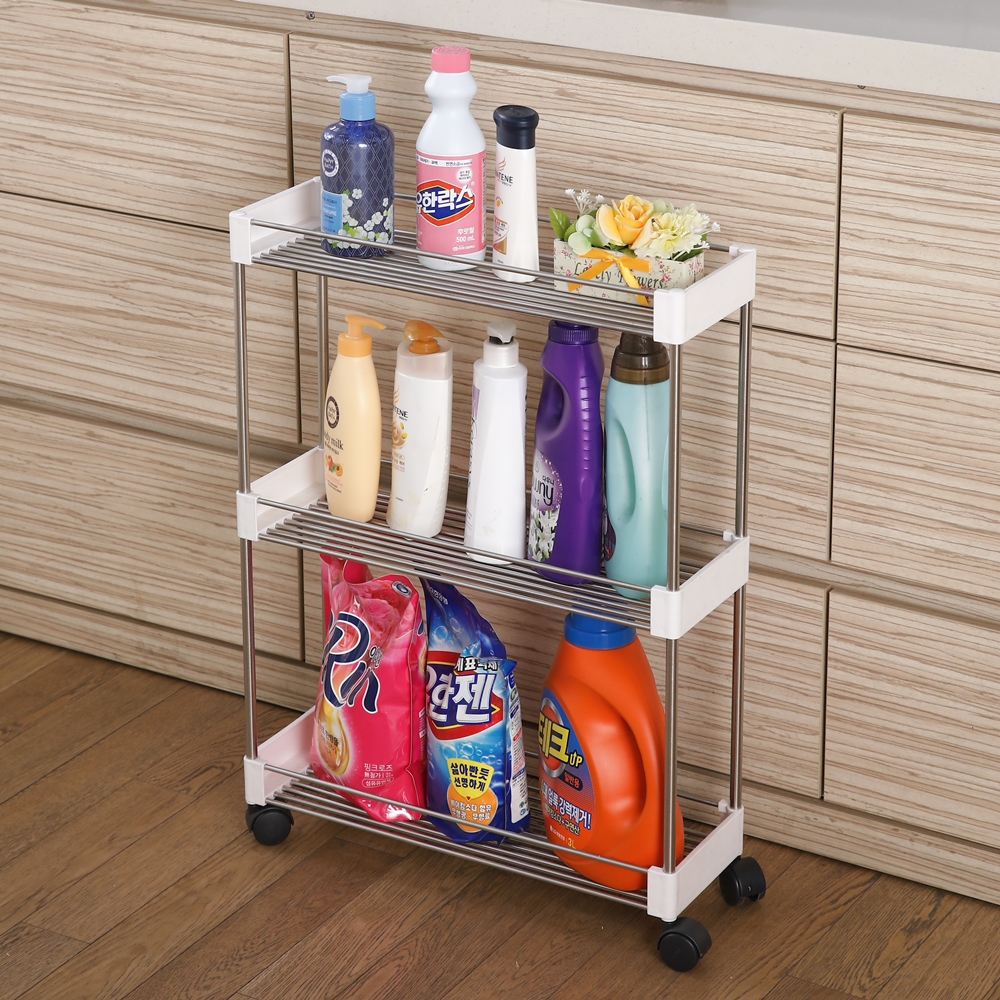 세탁실 틈새 수납장 이동식 바퀴 달린 선반 트레이