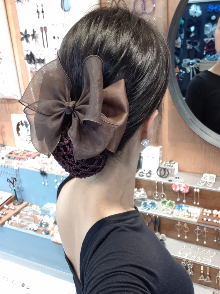 망삔 브라운 컬러 한단고급리본 위 시스루 2겹 직장인 면접용 기본 망핀 - 메인 이미지