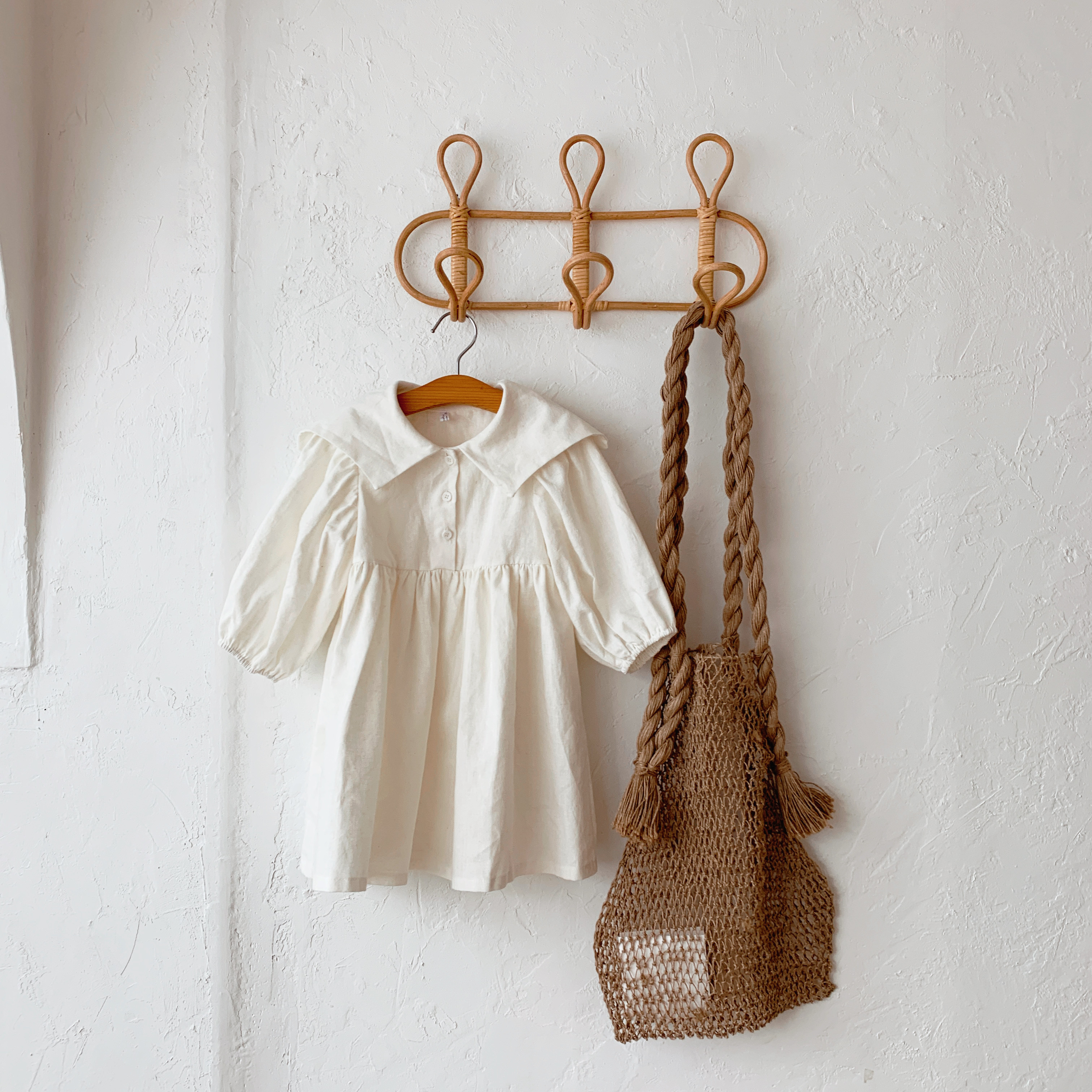 뮤트원피스 오가닉  여아 아동 아이보리 브라운 베이직 기본 루즈핏 면린넨 혼방