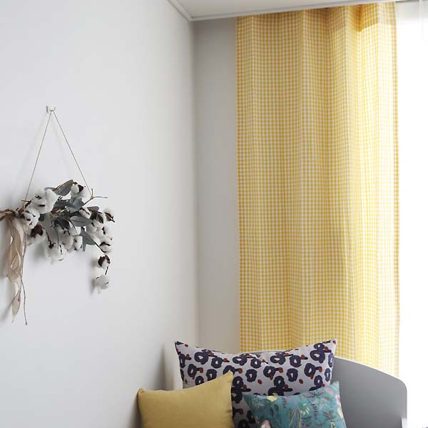 바이아미 노랑 체크 아이방 작은방 커튼 맞춤제작 아기방 여아 남아 빈티지 커텐