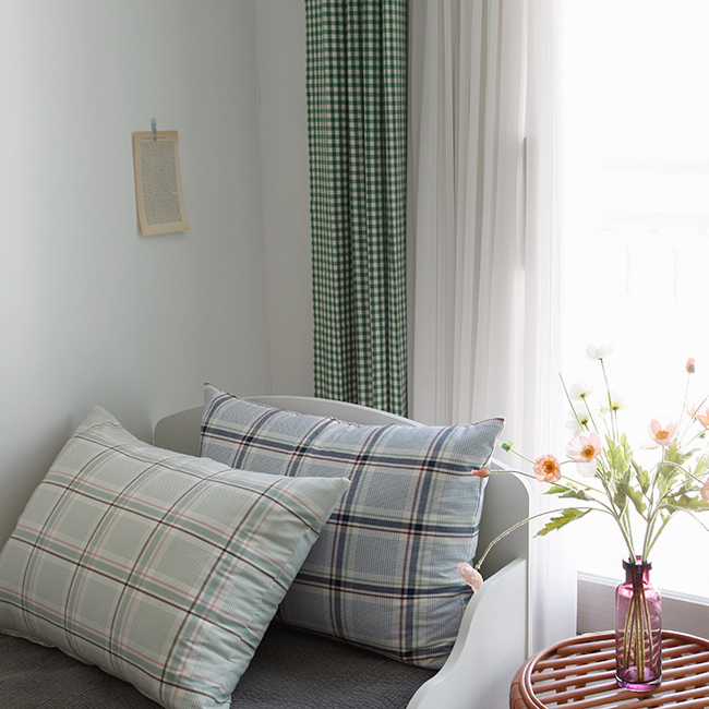 바이아미 라떼 체크 아이방 커튼 핀스타일 맞춤