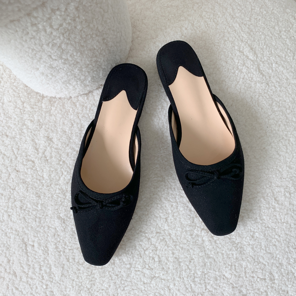 [일부당일] 스웨이드 리본 플랫 블로퍼 뮬 슬리퍼 (블랙, 굽 2cm) 웨어링무드