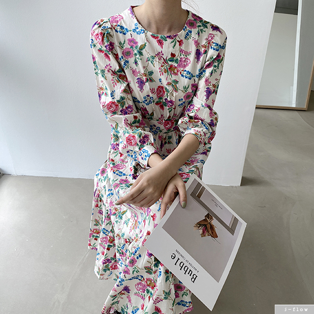 퍼퓨리 플라워 코튼 롱 원피스 2col 봄 가을 허리라인 퍼프 벌룬 라운드 제이플로우 - 상세 이미지 2