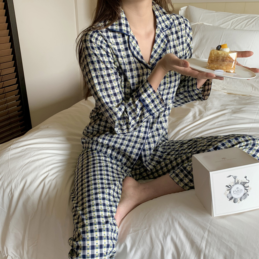 (백화점 납품) 체크 순면 수면 커플 잠옷 세트 파자마 파티 신혼부부 여성 홈웨어 - 상세 이미지 2
