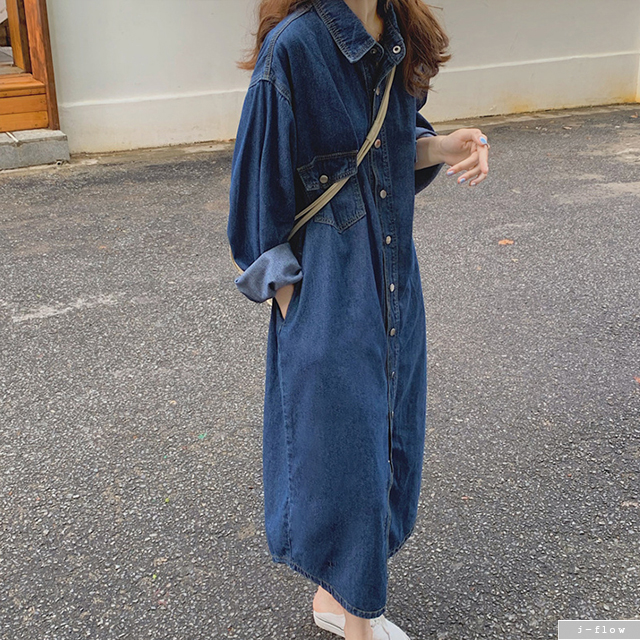 가을 데님 카라 포켓 롱 원피스 (진청) 봄 루즈핏 오버핏 코튼 데일리 캐쥬얼 제이플로우 - 상세 이미지 4