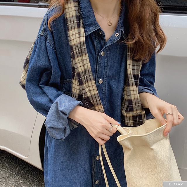 가을 데님 카라 포켓 롱 원피스 (진청) 봄 루즈핏 오버핏 코튼 데일리 캐쥬얼 제이플로우 - 상세 이미지 5