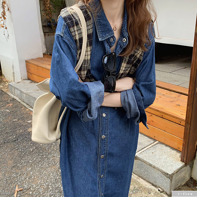 가을 데님 카라 포켓 롱 원피스 (진청) 봄 루즈핏 오버핏 코튼 데일리 캐쥬얼 제이플로우