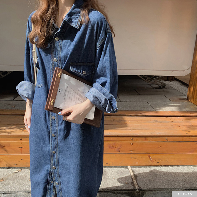가을 데님 카라 포켓 롱 원피스 (진청) 봄 루즈핏 오버핏 코튼 데일리 캐쥬얼 제이플로우 - 상세 이미지 2