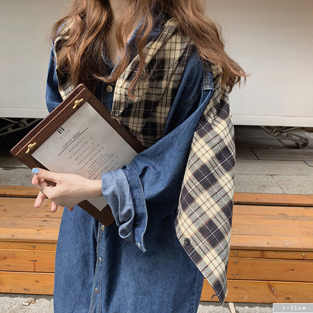 가을 데님 카라 포켓 롱 원피스 (진청) 봄 루즈핏 오버핏 코튼 데일리 캐쥬얼 제이플로우 - 상세 이미지 3