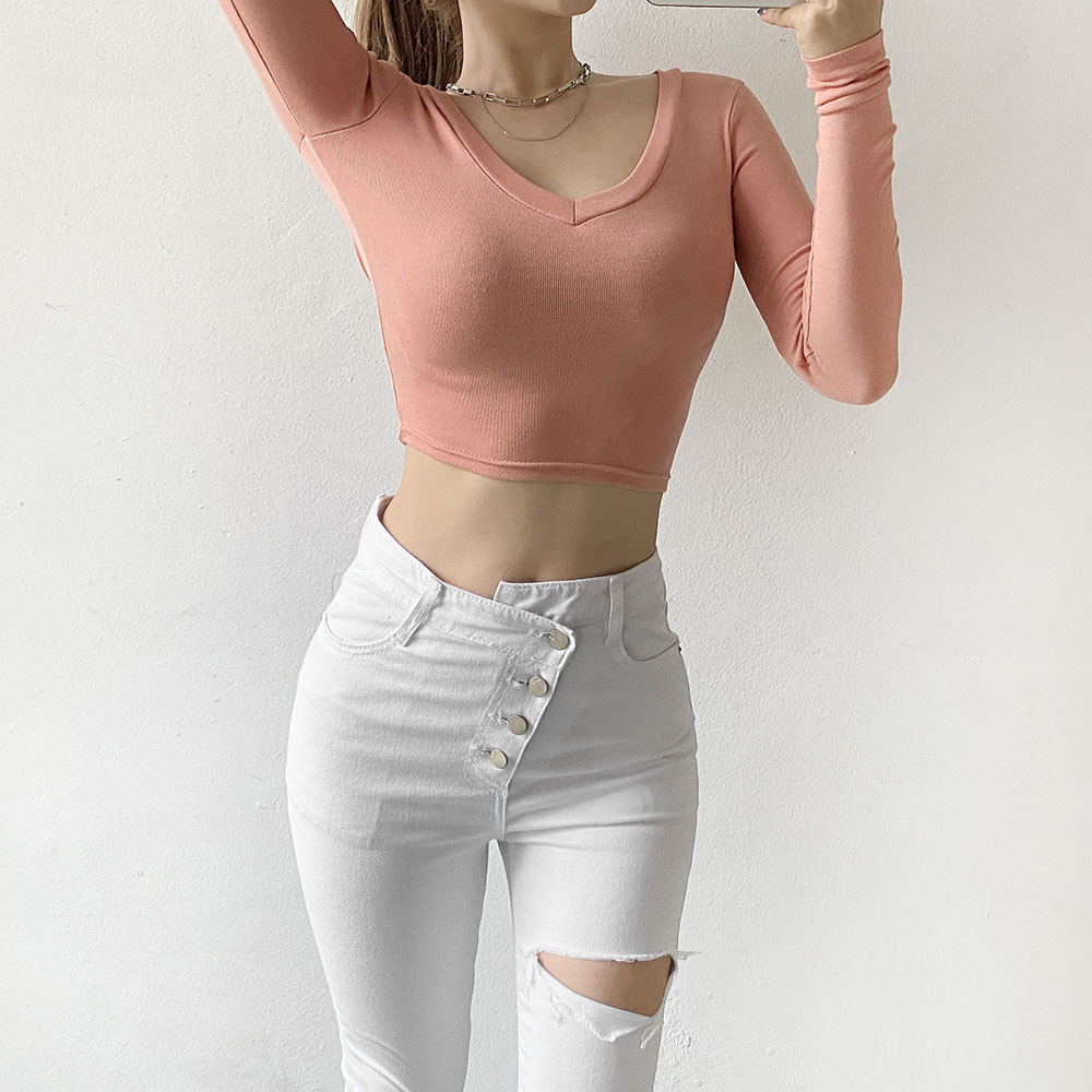 블리 찰랑 스판 브이넥 긴팔 크롭티셔츠 5color - 상세 이미지 3