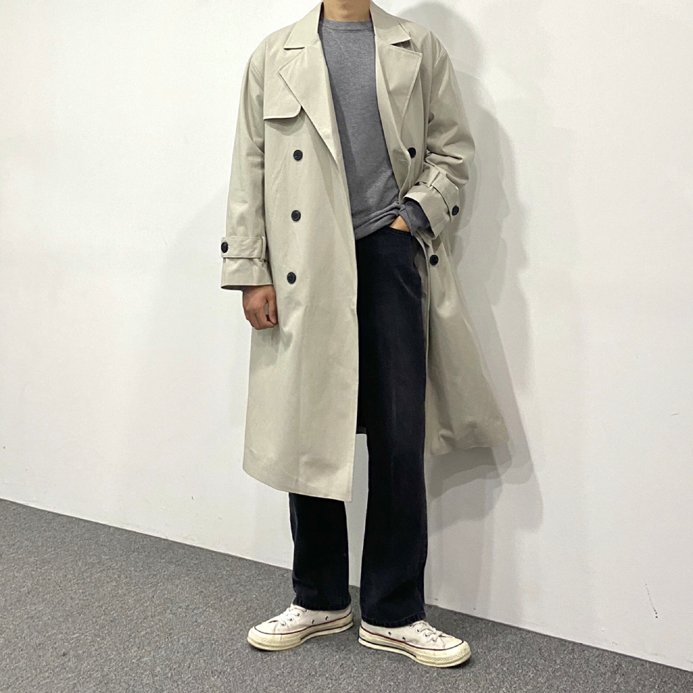 남자 롱 더블 오버핏 트렌치코트 봄 가을 - 상세 이미지 3