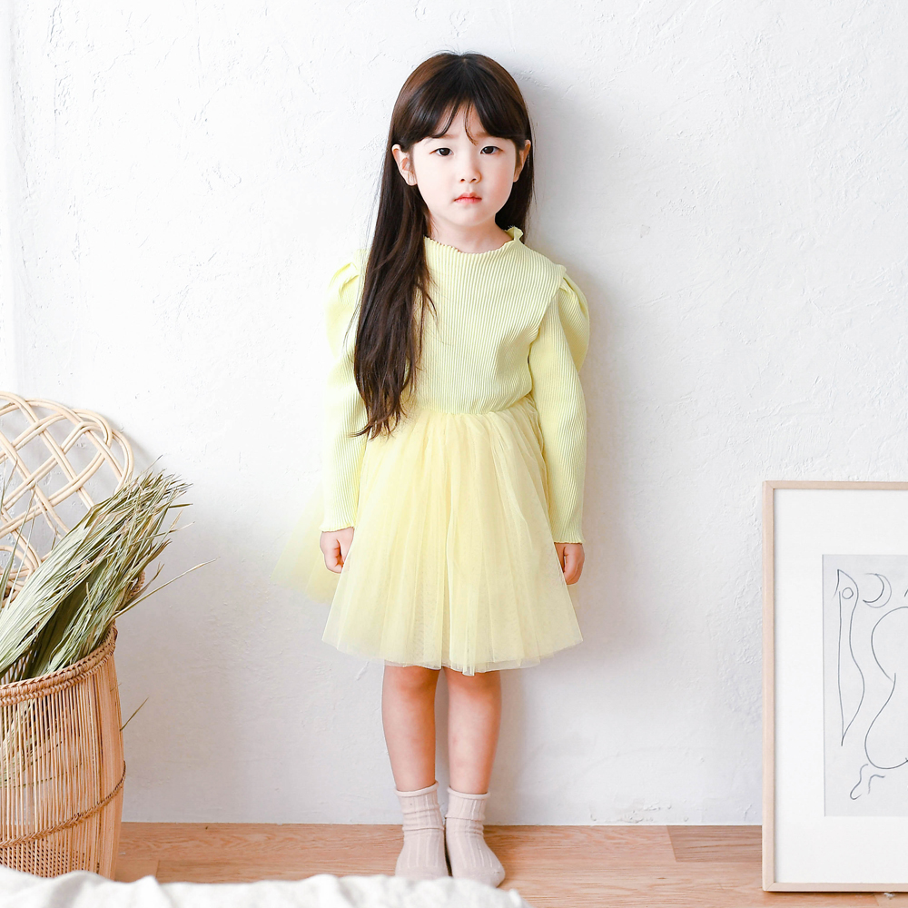 아라 골지튜튜 원피스 여아 아동 핑크 옐로우 보통핏 긴팔 이미지 6