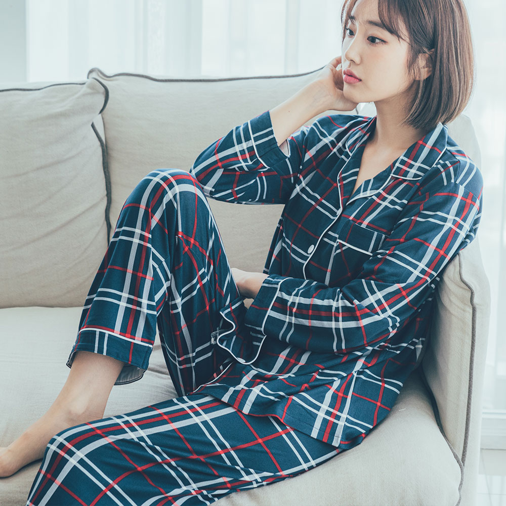 도씨 홈웨어 여성용 피치기모 긴팔 카라 커플 잠옷 상하의 세트 - 상세 이미지 3