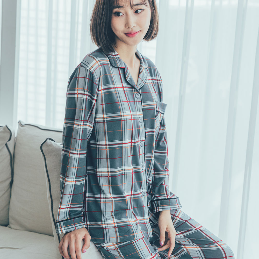 도씨 홈웨어 여성용 피치기모 긴팔 카라 커플 잠옷 상하의 세트 - 상세 이미지 2