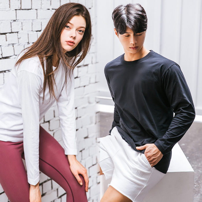 블랙몬스터핏 무지 긴팔 라운드 티셔츠 남성 여자 기본 면티 쭉티 제품 이미지