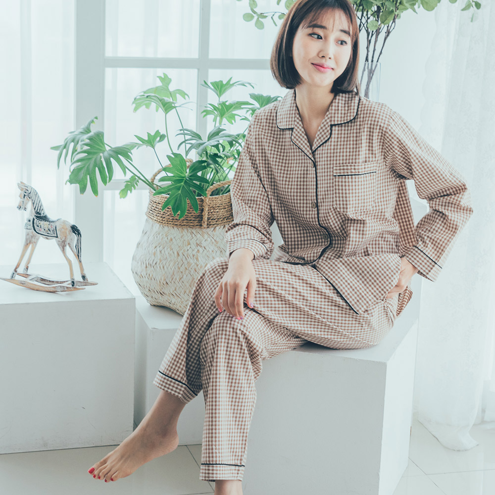 도씨 홈웨어 여성용 순면 긴팔 카라 커플 잠옷 상하세트 - 상세 이미지 5