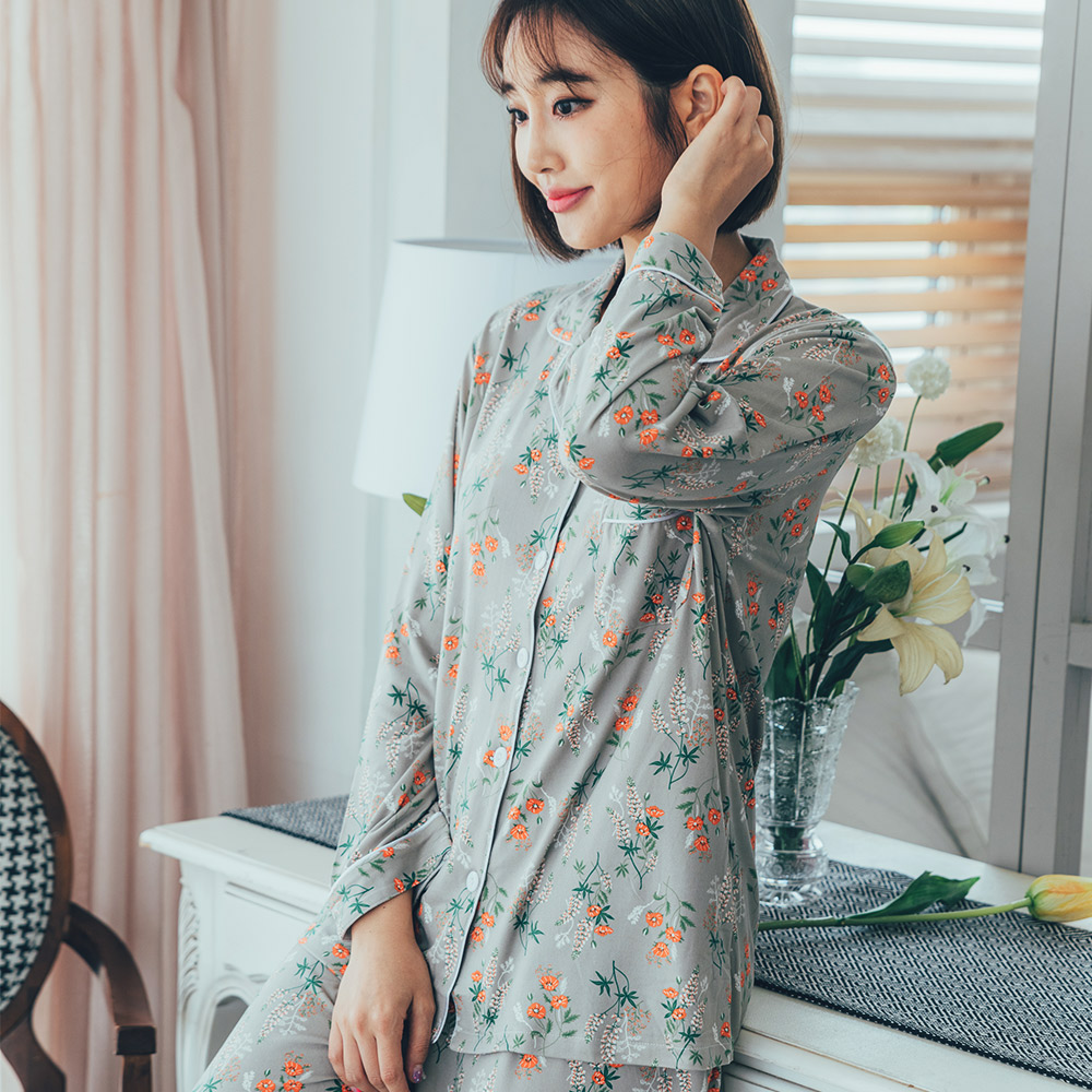 도씨 홈웨어 여성용 피치기모 긴팔 플라워 카라 잠옷 상하의 세트 - 상세 이미지 5