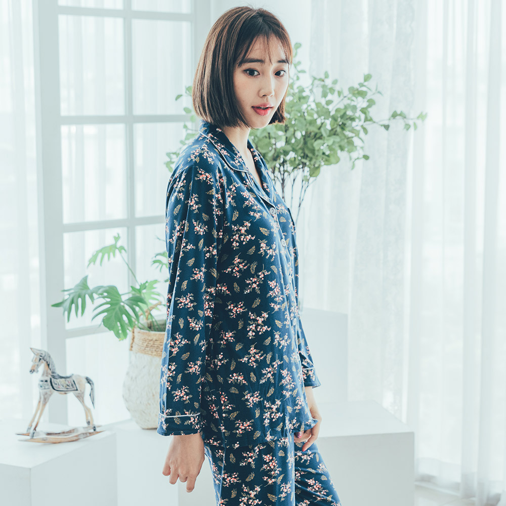 도씨 홈웨어 여성용 피치기모 긴팔 플라워 카라 잠옷 상하의 세트