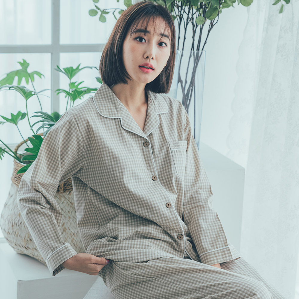 도씨 홈웨어 여성용 순면 긴팔 카라 커플 잠옷 상하세트 - 상세 이미지 4