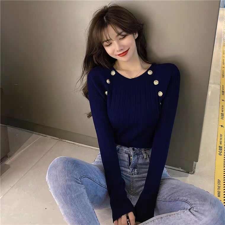여자여자몰 섹시 슬림핏 금장 단추 긴팔 니트티 티셔츠 이너 - 상세 이미지 2