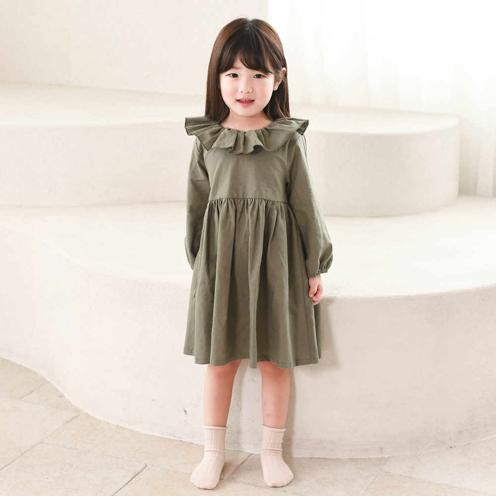마들렌 프릴원피스 오가닉  여아 아동 그린 브라운 베이직 기본 루즈핏 면린넨 혼방