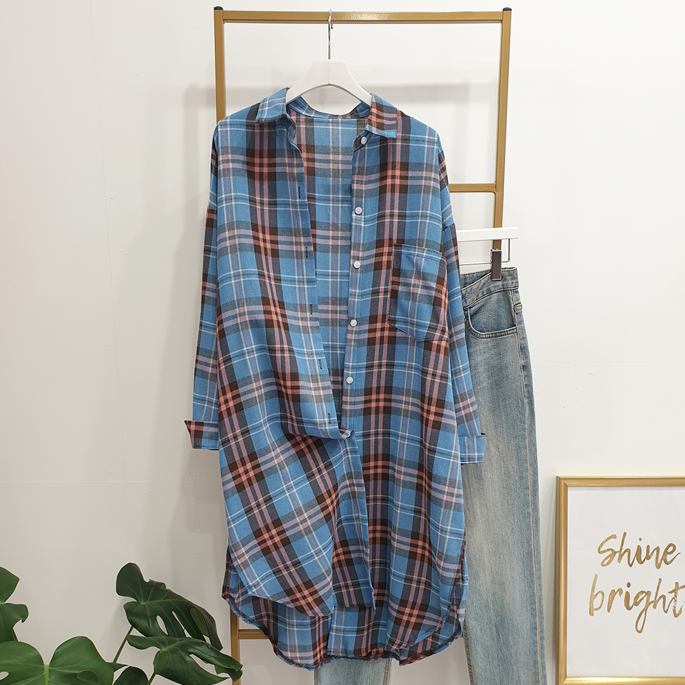 여성 오버핏 체크 롱셔츠 데일리룩 루즈핏 남방 원피스형 셔츠 - 상세 이미지 2