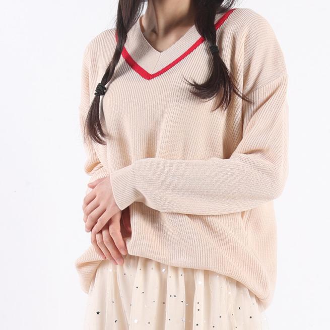 여성 브이라인 니트티 스카이블루 머스타드 여자 브이넥 셔츠 - 메인 이미지