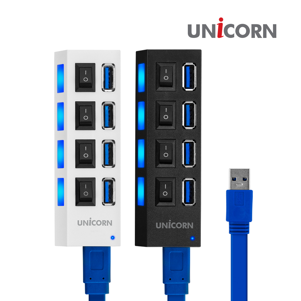 유니콘 XH-Q4 블랙 4포트 USB3.0 무전원 USB허브 개별전원스위치 - 상품 이미지