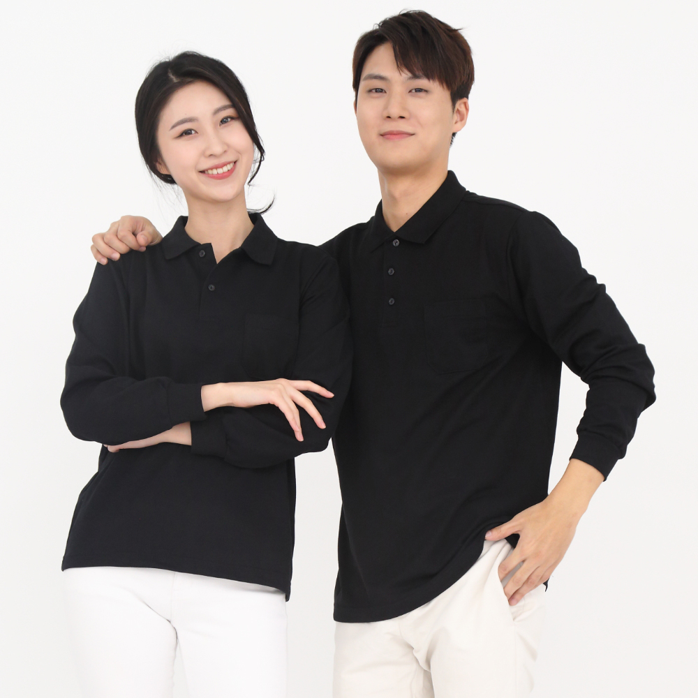 30수pk 검정카라 긴팔티셔츠 식당서빙유니폼 가게티 단체티음식점유니폼 홀서빙복 - 상품 이미지