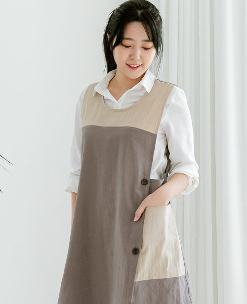 데코에버 옆주머니 롱 체크 라인 원피스앞치마 빅사이즈