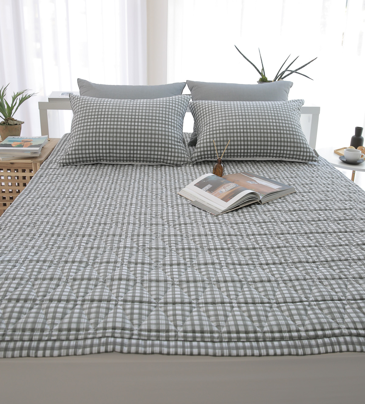 이불패드 침대패드 모달 차콜체크 알러지케어 고정밴드 Q