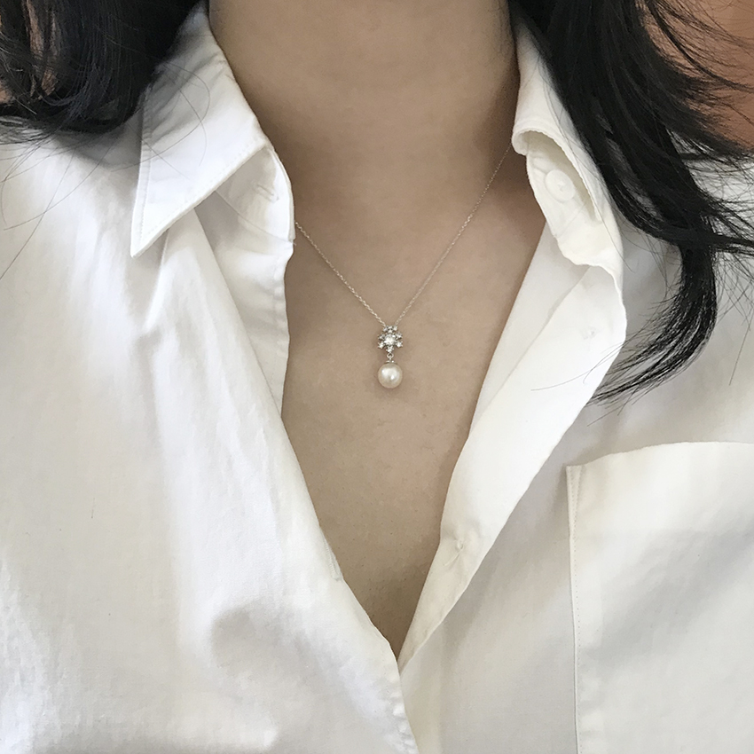 실버925 자체제작 눈꽃 천연 담수진주 큐빅목걸이 Necklace - 상세 이미지 2
