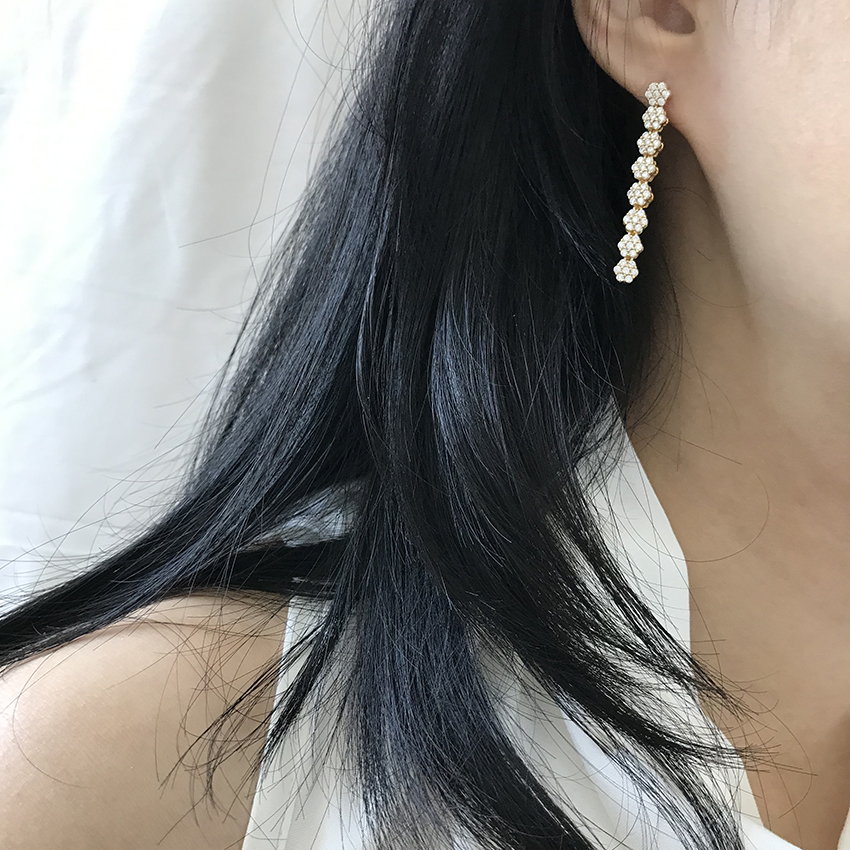플라워 파베 큐빅 골드 플레이팅 드롭 귀걸이 Earrings - 상세 이미지 2