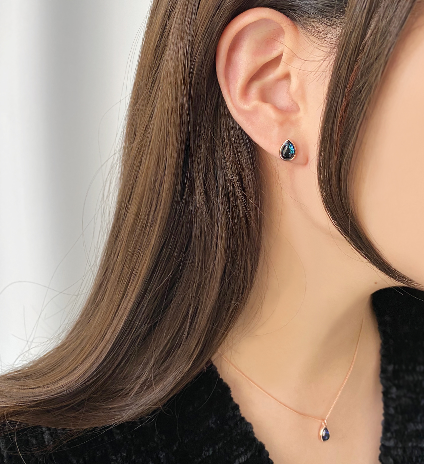 (무배/실버925) 로즈골드 딥블루 글라스 물방울 귀걸이 - 상세 이미지 4