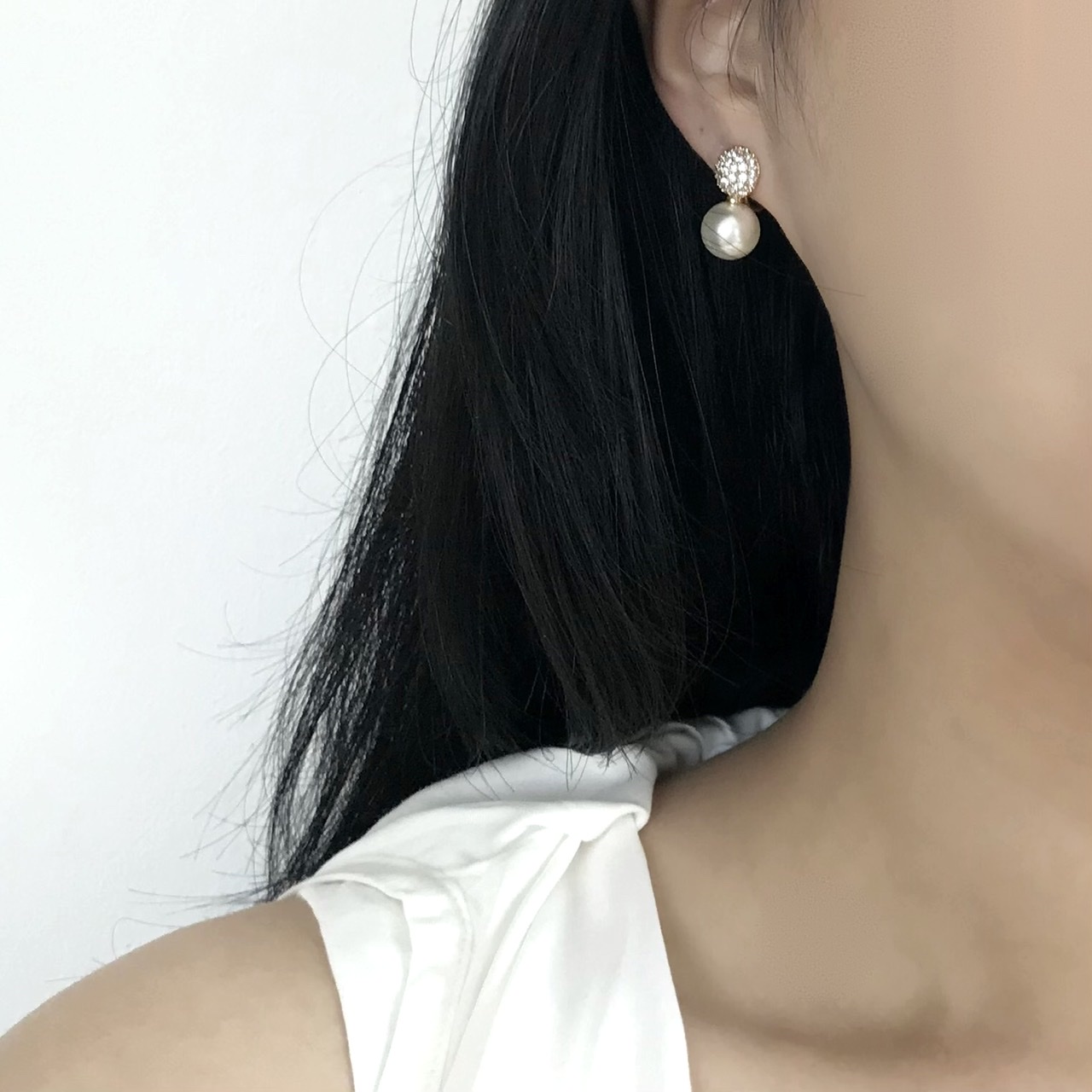 클립형 14K 골드 플레이팅 파베 큐빅 펄 혼주 귀걸이 이어링 - 상세 이미지 2
