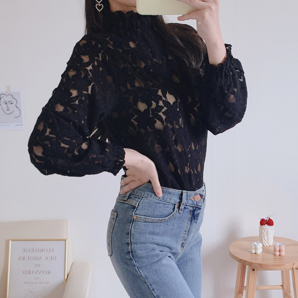 시스루 프릴 블라우스 기모 이너 하이넥 레이스 블라우스 간절기룩 가을 겨울 아이보리 블랙 이미지 8
