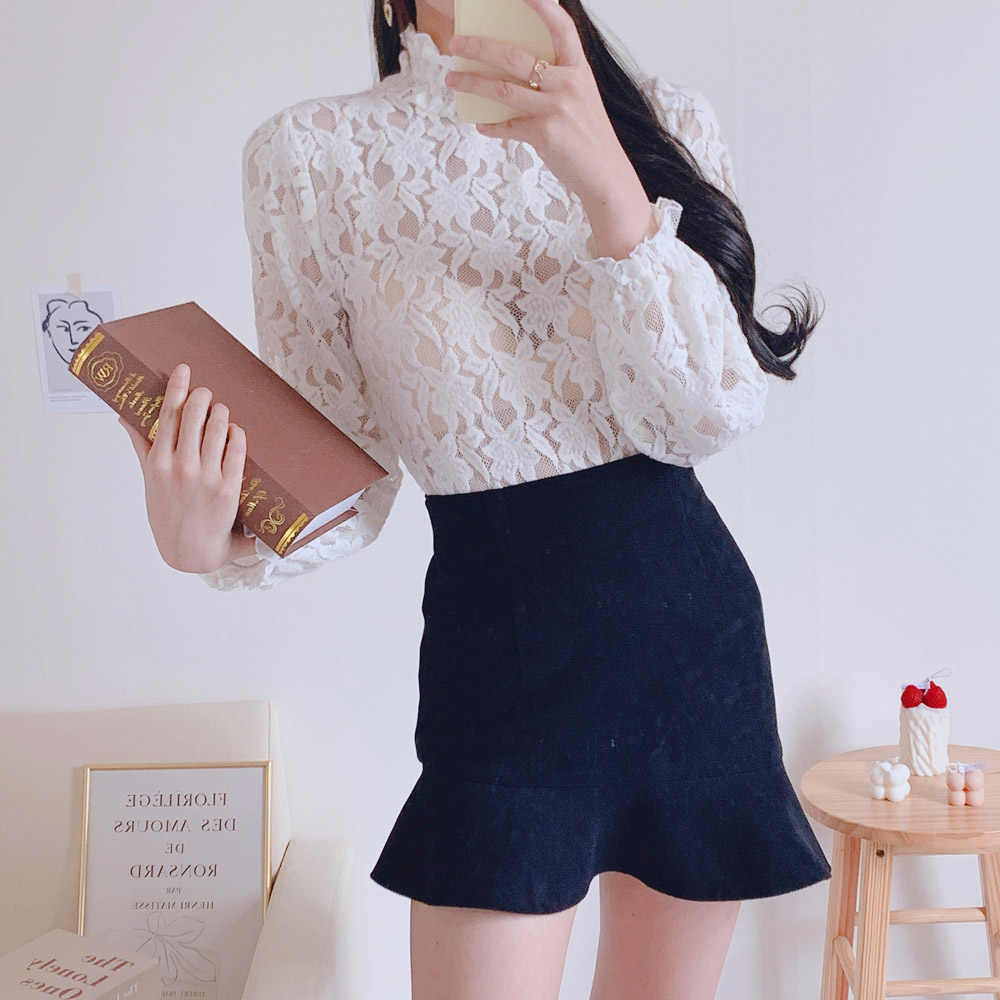 시스루 프릴 블라우스 기모 이너 하이넥 레이스 블라우스 간절기룩 가을 겨울 아이보리 블랙 - 상세 이미지 4