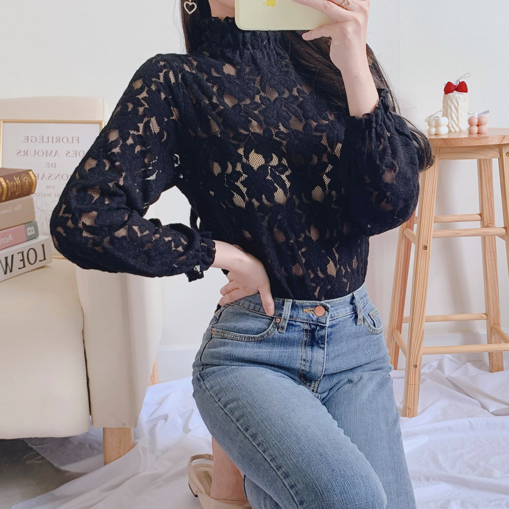 시스루 프릴 블라우스 기모 이너 하이넥 레이스 블라우스 간절기룩 가을 겨울 아이보리 블랙 이미지 6